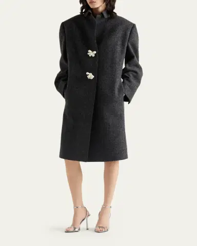 Prada Long Wool Coat with Pearl Buttons | Thumbnail 2 Prada Long Wool Coat with Pearl Buttons | Thumbnail 2