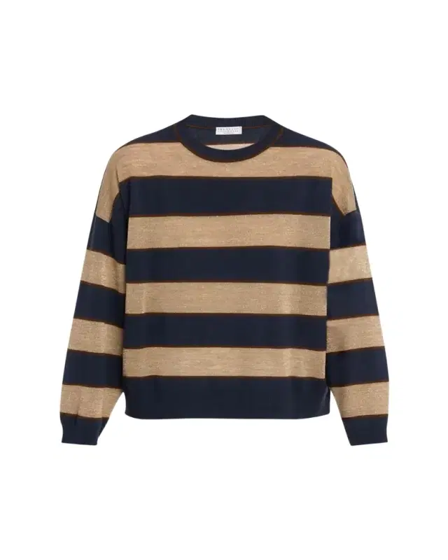 Brunello Cucinelli Shimmering Striped Wool-Cashmere Crewneck Sweater
