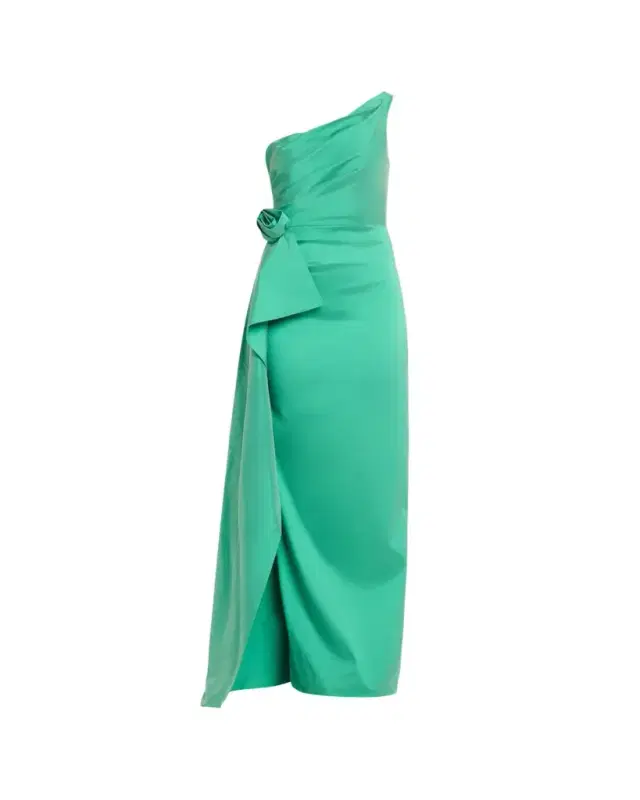Rickie Freeman for Teri Jon Draped One-Shoulder Taffeta Column Gown