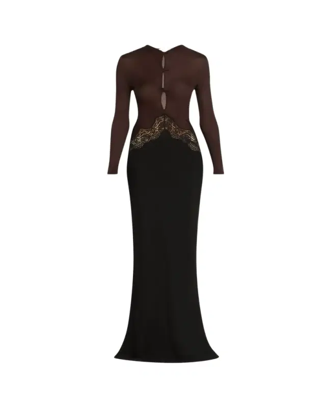 Open-Twist Lace Long-Sleeve Dress