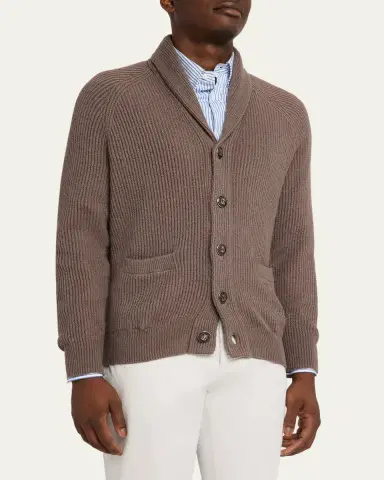 Brunello Cucinelli Men's Cotton Rib Shawl Cardigan | Thumbnail 4 Brunello Cucinelli Men's Cotton Rib Shawl Cardigan | Thumbnail 4