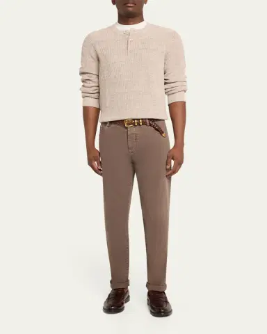 Brunello Cucinelli Men's Ribbed Linen Henley Sweater | Thumbnail 2