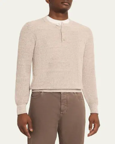 Brunello Cucinelli Men's Ribbed Linen Henley Sweater | Thumbnail 4