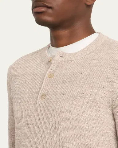 Brunello Cucinelli Men's Ribbed Linen Henley Sweater | Thumbnail 5
