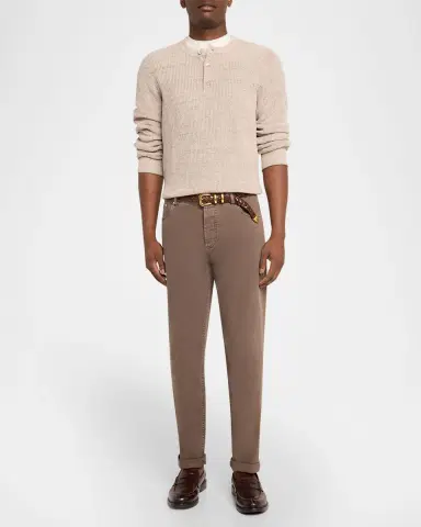Brunello Cucinelli Men's Ribbed Linen Henley Sweater | Thumbnail 6