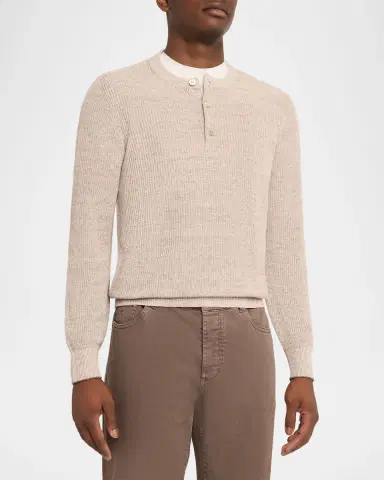 Brunello Cucinelli Men's Ribbed Linen Henley Sweater | Thumbnail 8