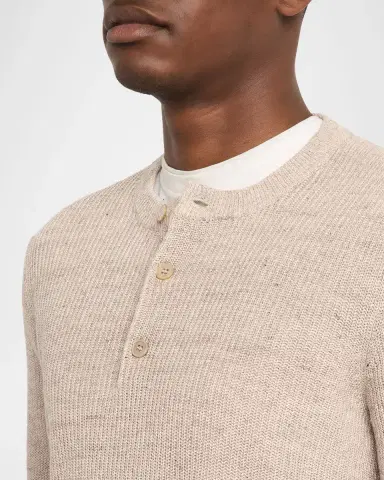 Brunello Cucinelli Men's Ribbed Linen Henley Sweater | Thumbnail 9