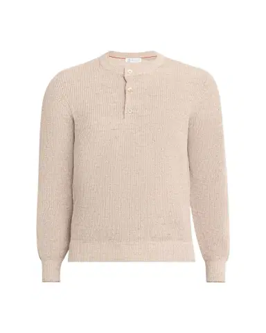 Brunello Cucinelli Men's Ribbed Linen Henley Sweater | Thumbnail 1
