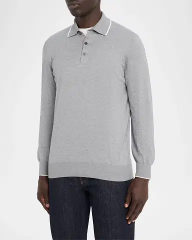 Brunello Cucinelli Men's Cotton and Cashmere Knit Polo Sweater | Thumbnail 8 Brunello Cucinelli Men's Cotton and Cashmere Knit Polo Sweater | Thumbnail 8