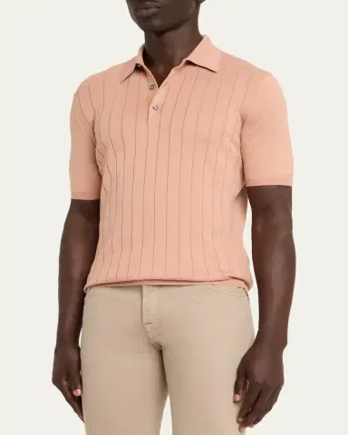 Kiton Men's Wide Rib Sea Island Cotton Polo Sweater | Thumbnail 4 Kiton Men's Wide Rib Sea Island Cotton Polo Sweater | Thumbnail 4
