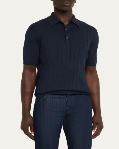 Kiton Men's Wide Rib Sea Island Cotton Polo Sweater | Thumbnail 4 Kiton Men's Wide Rib Sea Island Cotton Polo Sweater | Thumbnail 4