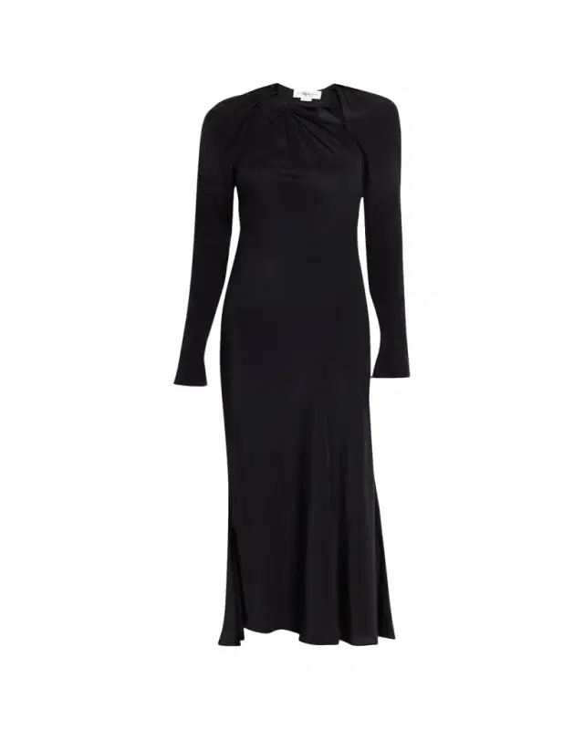 Victoria Beckham Gathered Satin Chain Necklace Long-Sleeve Maxi Dress