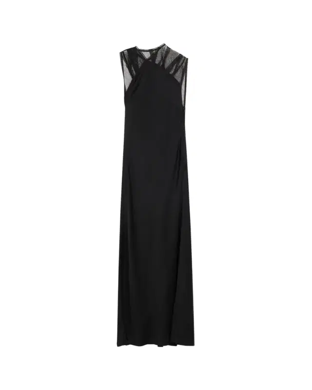 Mesh Open-Back Satin Column Gown