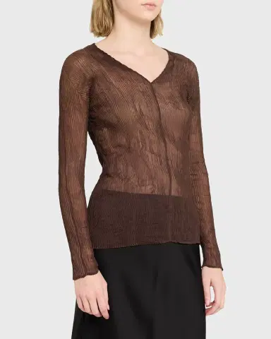 Issey Miyake Long-Sleeve Sheer Pleated V-Neck Shirt | Thumbnail 7