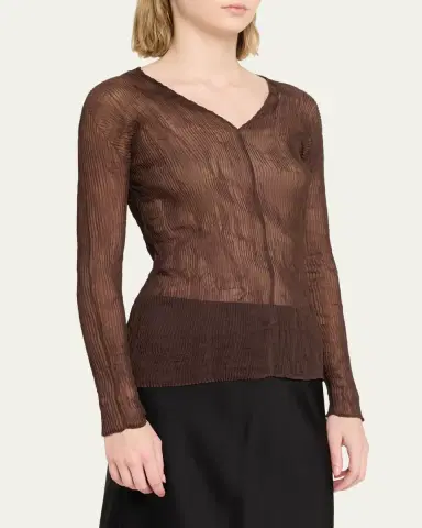 Issey Miyake Long-Sleeve Sheer Pleated V-Neck Shirt | Thumbnail 9