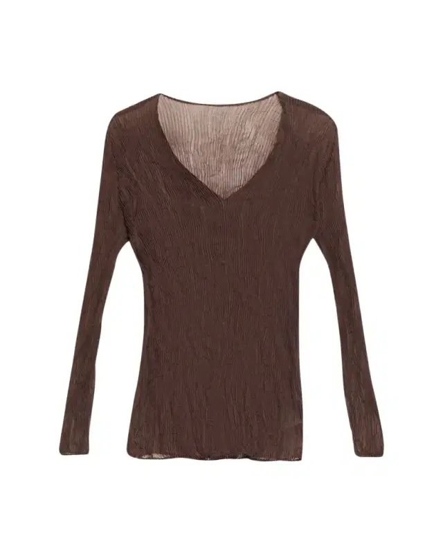 Issey Miyake Long-Sleeve Sheer Pleated V-Neck Shirt