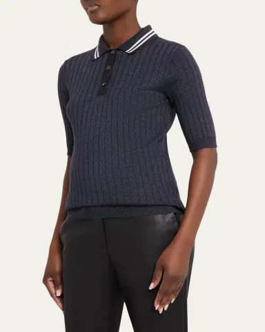 Brunello Cucinelli Shimmering Cashmere Rib Short-Sleeve Polo Sweater | Thumbnail 4 Brunello Cucinelli Shimmering Cashmere Rib Short-Sleeve Polo Sweater | Thumbnail 4