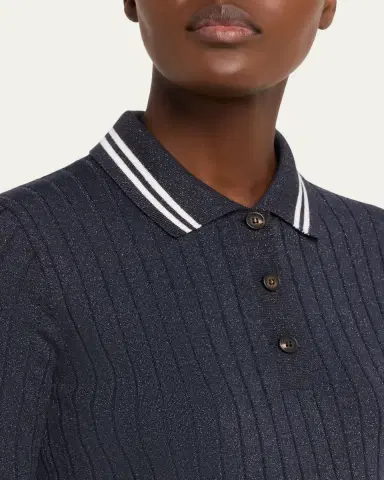 Brunello Cucinelli Shimmering Cashmere Rib Short-Sleeve Polo Sweater | Thumbnail 5 Brunello Cucinelli Shimmering Cashmere Rib Short-Sleeve Polo Sweater | Thumbnail 5