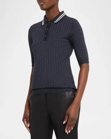 Brunello Cucinelli Shimmering Cashmere Rib Short-Sleeve Polo Sweater | Thumbnail 8 Brunello Cucinelli Shimmering Cashmere Rib Short-Sleeve Polo Sweater | Thumbnail 8