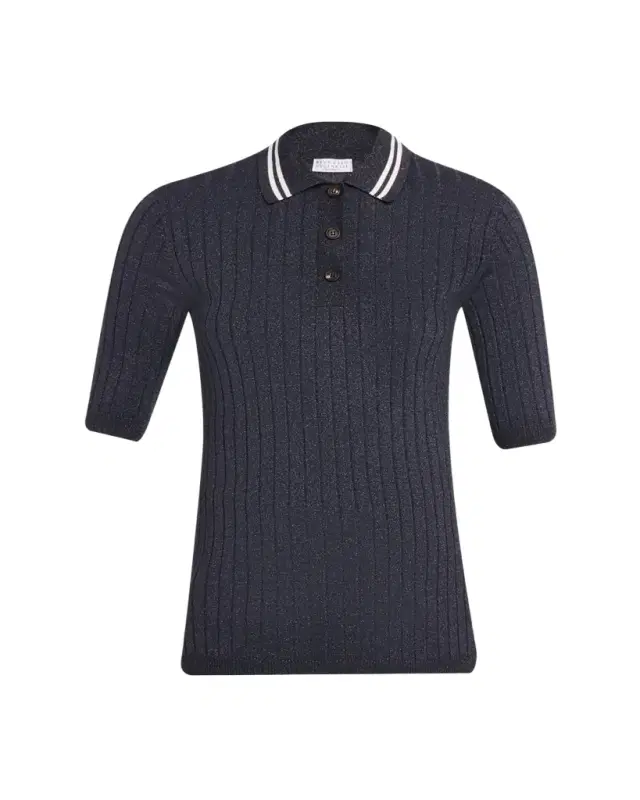 Shimmering Cashmere Rib Short-Sleeve Polo Sweater