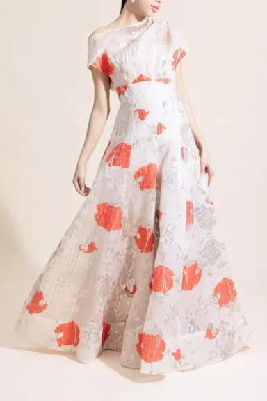 Lela Rose Floral Drape Shoulder Pleated Gown | Thumbnail 2 Lela Rose Floral Drape Shoulder Pleated Gown | Thumbnail 2