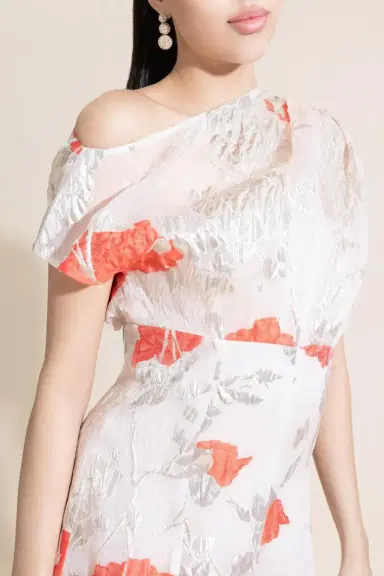 Lela Rose Floral Drape Shoulder Pleated Gown | Thumbnail 3 Lela Rose Floral Drape Shoulder Pleated Gown | Thumbnail 3