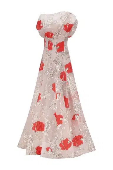 Lela Rose Floral Drape Shoulder Pleated Gown | Thumbnail 1 Lela Rose Floral Drape Shoulder Pleated Gown | Thumbnail 1