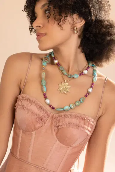 VERDURA Turquoise Ruby Pearl Diamond Byzantine Necklace | Thumbnail 2 VERDURA Turquoise Ruby Pearl Diamond Byzantine Necklace | Thumbnail 2