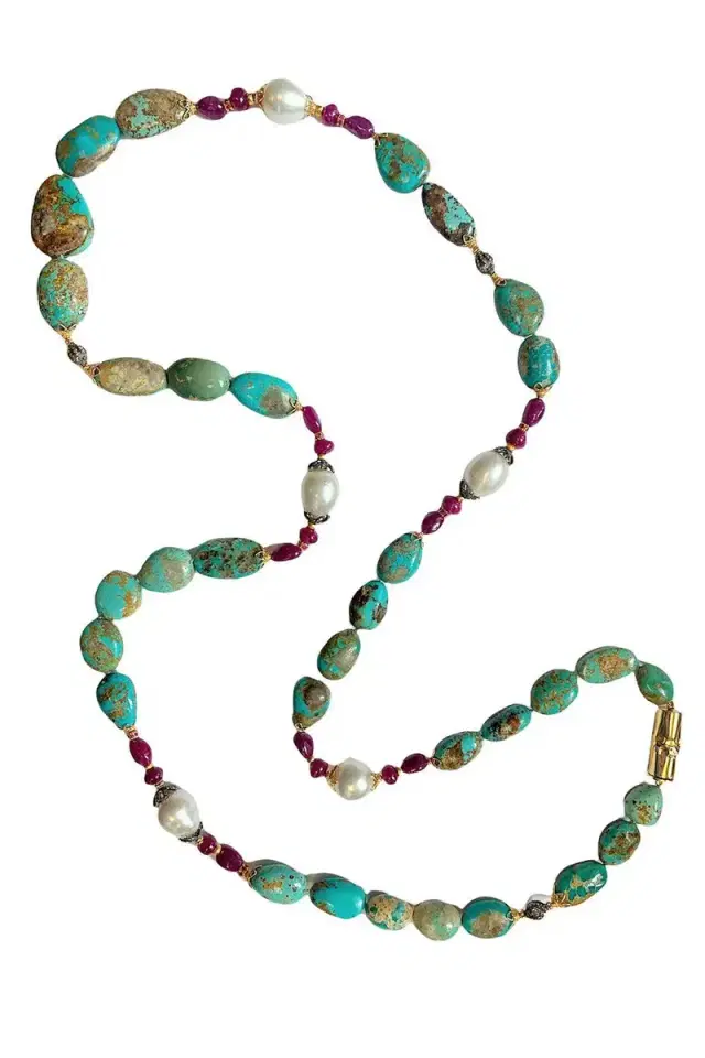 VERDURA Turquoise Ruby Pearl Diamond Byzantine Necklace
