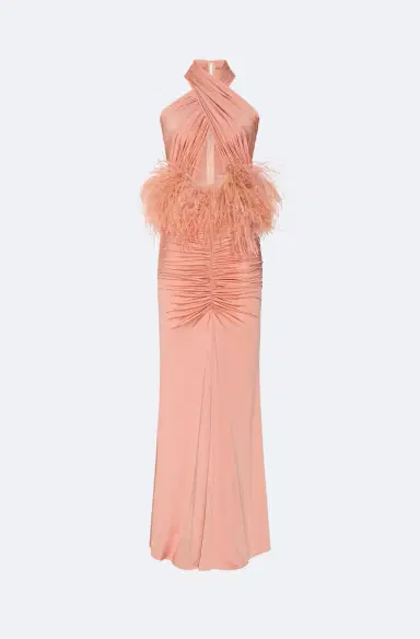 Lapointe Jersey Sleeveless Halter Ruched Gown With Feathers | Thumbnail 1 Lapointe Jersey Sleeveless Halter Ruched Gown With Feathers | Thumbnail 1