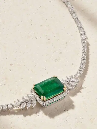 YEPREM 18-karat White Gold, Emerald And Diamond Necklace | Thumbnail 4