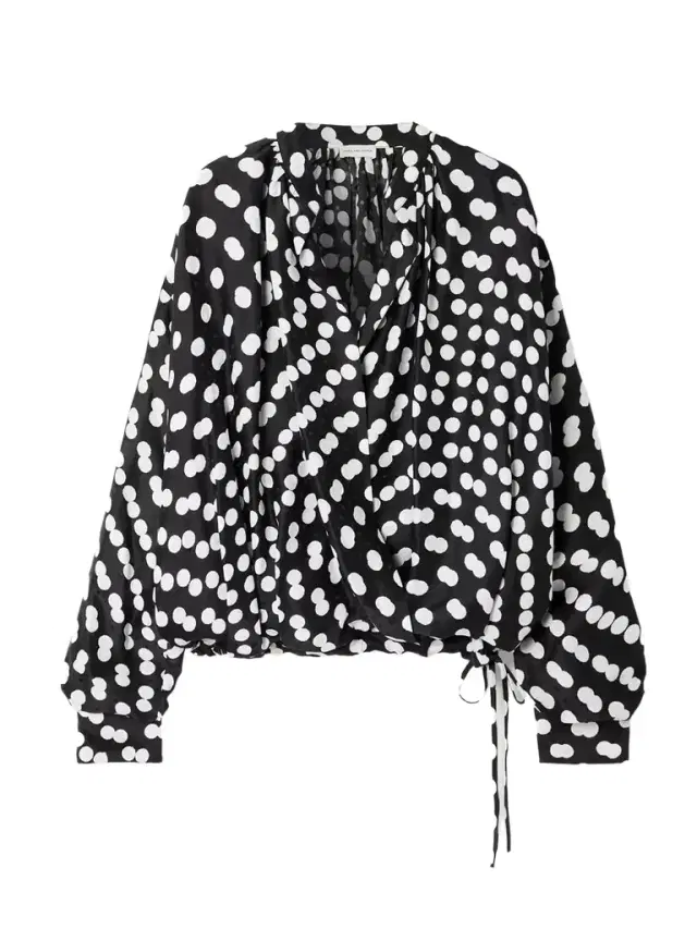Draped Polka-dot Satin-jacquard Blouse