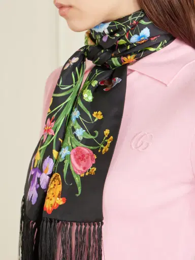 Gucci Fringed Sequin-embellished Floral-print Silk-twill Scarf | Thumbnail 2