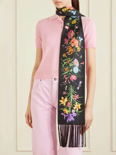 Gucci Fringed Sequin-embellished Floral-print Silk-twill Scarf | Thumbnail 3