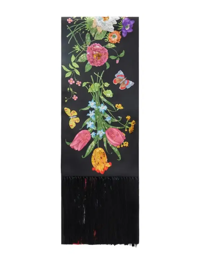 Fringed Sequin-embellished Floral-print Silk-twill Scarf Fringed Sequin-embellished Floral-print Silk-twill Scarf