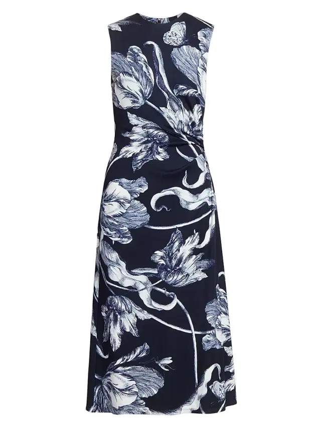 Erdem Women's Printed Gathered Sleeveless Midi-Dress - Botanical Engraving Midnight