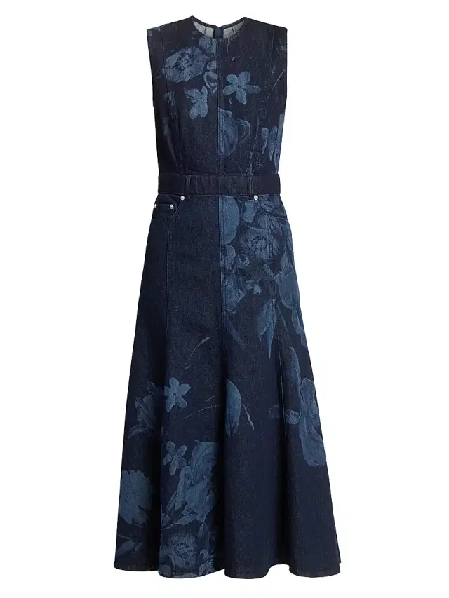 Women's Denim Floral Fluted Midi-Dress - Dutch Flower Painting Indigo
