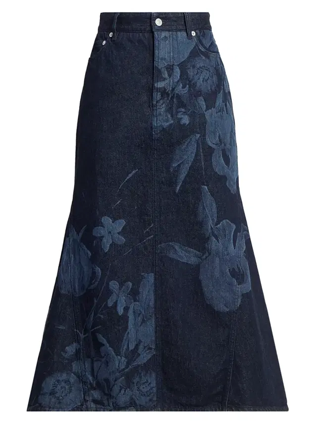 Erdem Women's Dutch Flower Denim Fluted Midi-Skirt - Dutch Flower Painting Indigo