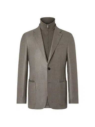ZEGNA Men's Detachable Bib Cashmere Silk and Linen Jacket - Dark Taupe | Thumbnail 1 ZEGNA Men's Detachable Bib Cashmere Silk and Linen Jacket - Dark Taupe | Thumbnail 1
