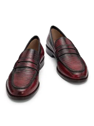 Manolo Blahnik Men's Perry Lizard-Print Leather Penny Loafers - Dark Red - Size 13 | Thumbnail 2