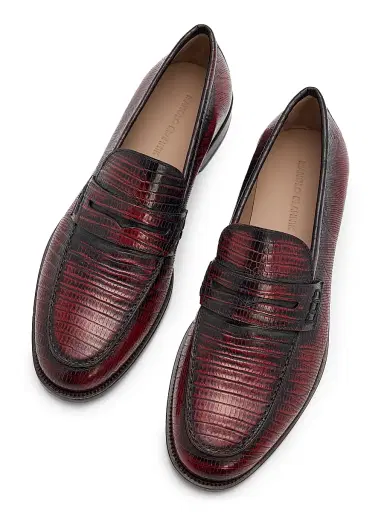 Manolo Blahnik Men's Perry Lizard-Print Leather Penny Loafers - Dark Red - Size 13 | Thumbnail 4