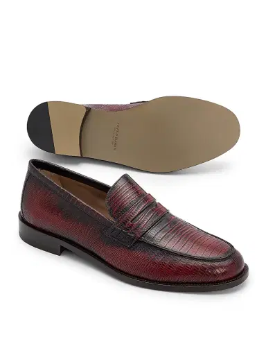 Manolo Blahnik Men's Perry Lizard-Print Leather Penny Loafers - Dark Red - Size 13 | Thumbnail 6