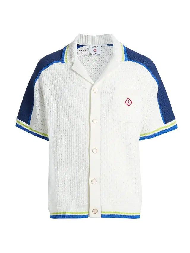 Men's Striped Crochet Shirt - White Blue