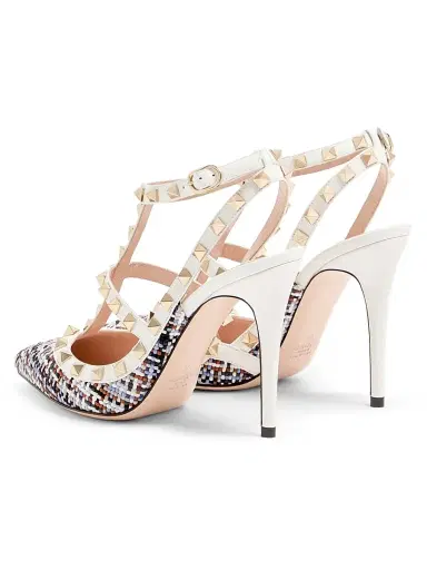 Valentino Garavani Women's Rockstud 100MM Pumps in Woven Fabric - White Multi | Thumbnail 3