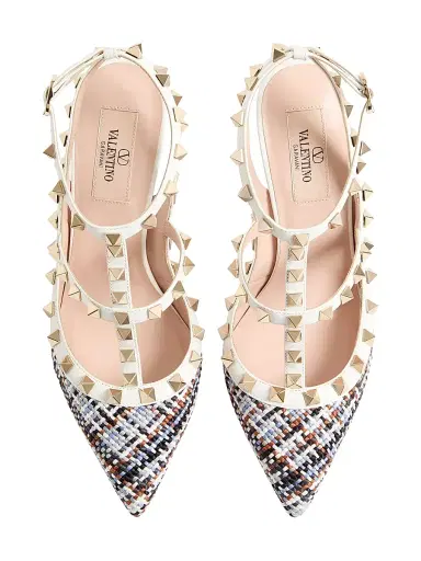 Valentino Garavani Women's Rockstud 100MM Pumps in Woven Fabric - White Multi | Thumbnail 4