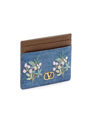 Valentino Garavani Women's VLogo Signature Card Holder in Denim with Floral Embroidery | Thumbnail 2