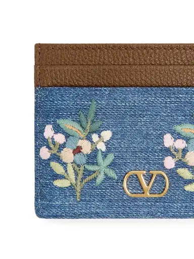 Valentino Garavani Women's VLogo Signature Card Holder in Denim with Floral Embroidery | Thumbnail 4
