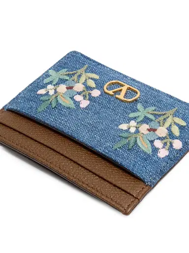 Valentino Garavani Women's VLogo Signature Card Holder in Denim with Floral Embroidery | Thumbnail 5