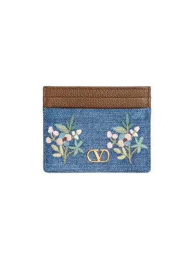 Valentino Garavani Women's VLogo Signature Card Holder in Denim with Floral Embroidery | Thumbnail 1