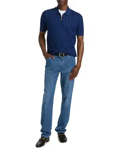 Stefano Ricci Men's Textured Silk-Cotton Quarter-Zip Polo Shirt - Dark Blue - Size 48 | Thumbnail 2